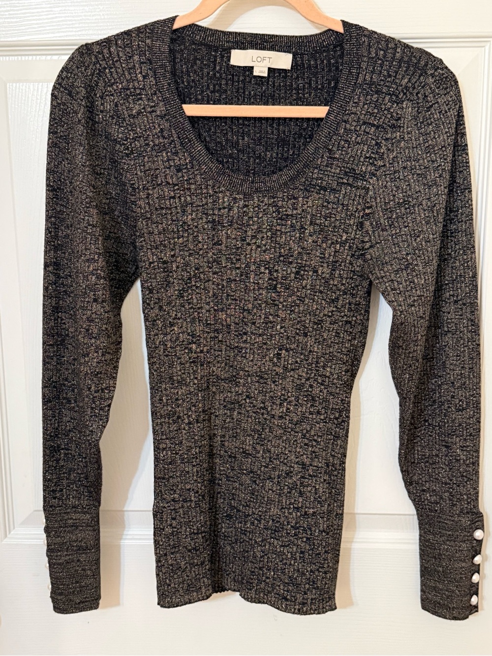 LOFT Black Heather Scoop Neck Sweater with Cuff Buttons. Worn once!